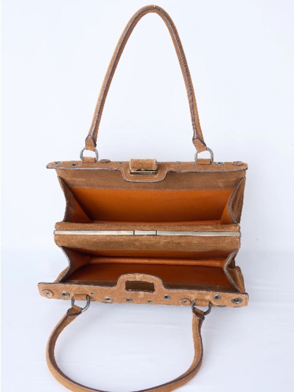 PRADA BROWN SUEDE GROMMET FRAME SATCHEL - Picture 5 of 7